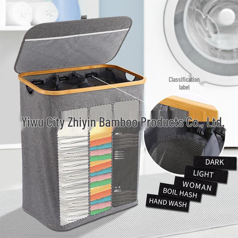 Large-Capacity Bamboo Laundry Hamper with Classification Labels and Lid