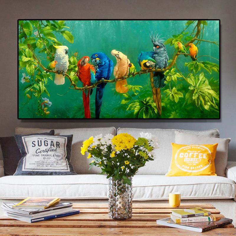 Papagal artistic Pasăre pe ramuri Pictură în ulei peisaj din lemn pe pânză Poster Imprimare Poză de artă de perete pentru living Cuadros