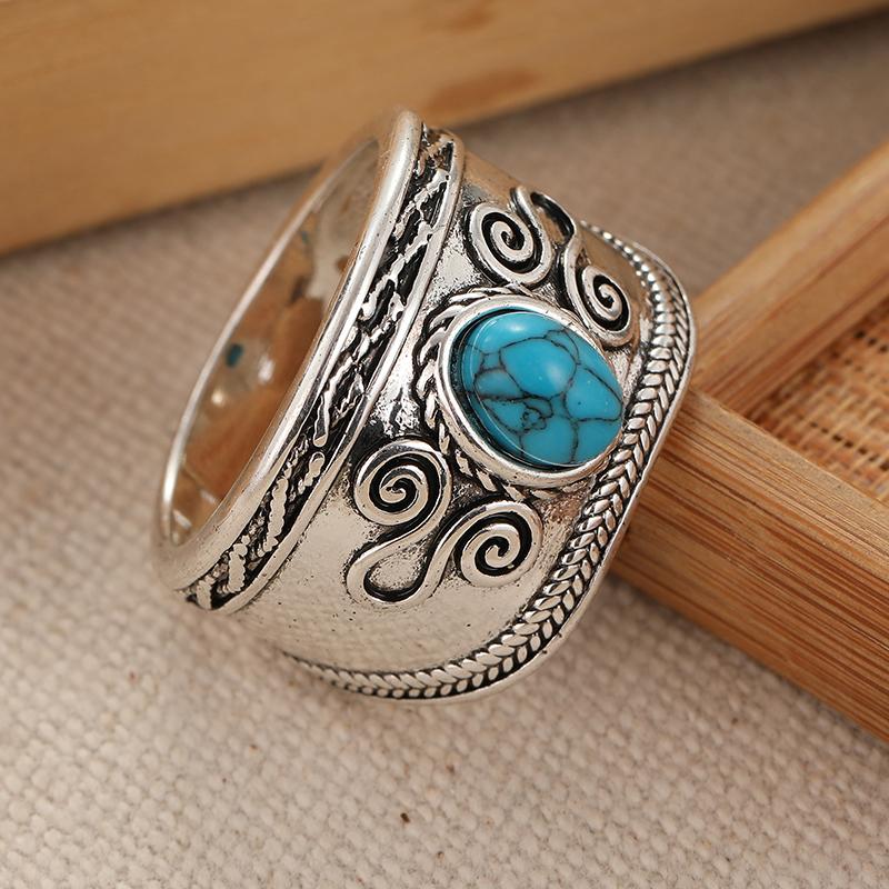 Ethnic CopperColor Inlaid Imitation Turquoise Women's Ring Geometry Daily Wear Party Jewelry