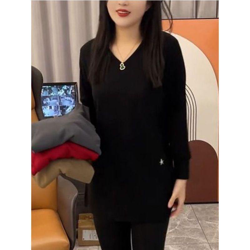 Plus Size Women's Double-Sided Velvet & Fleece Split Sleeve Autumn Winter Slimming Base Layer Top