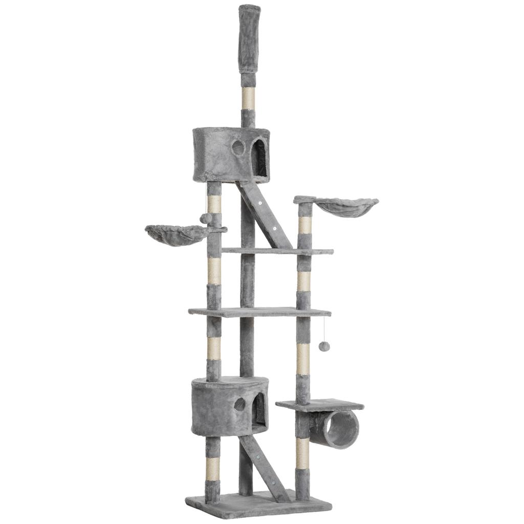 Floor to Ceiling Cat Tree for Indoor Cats, 240-260cm, Adjustable Height - Light Grey