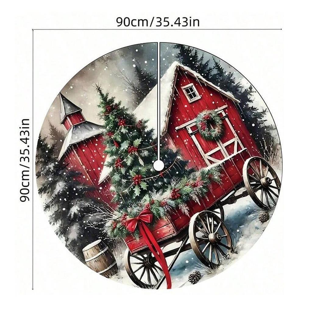 90CM Red Car and House Pattern Christmas Tree Skirts Xmas Tree Round Carpet Winter Holiday Decoration Xmas Atmosphere Tree Skirt