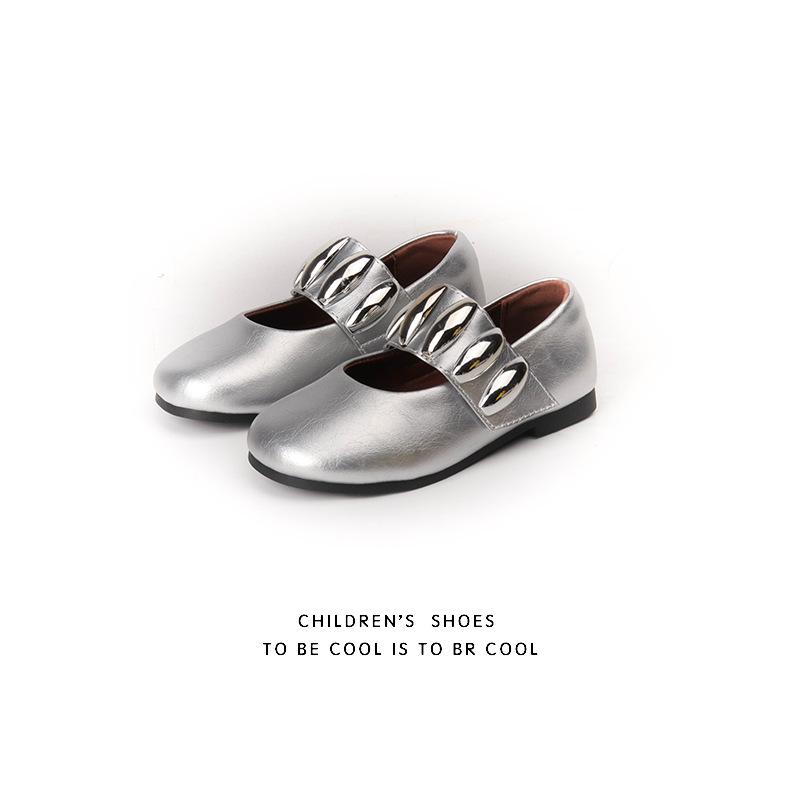 Children s Black Leather Princess Flats - Spring/Autumn British Style Soft Sole Shoes 26 серебряный