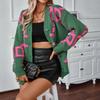 Women Loose Mid Length Embroidered Letter V Neck Button Knit Cardigan Sweater