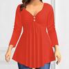 Women's V Neck Long Sleeve Tunic Top Loose Fit Plus Size Solid Ruched Button Detail Flared Hem Casual Blouse