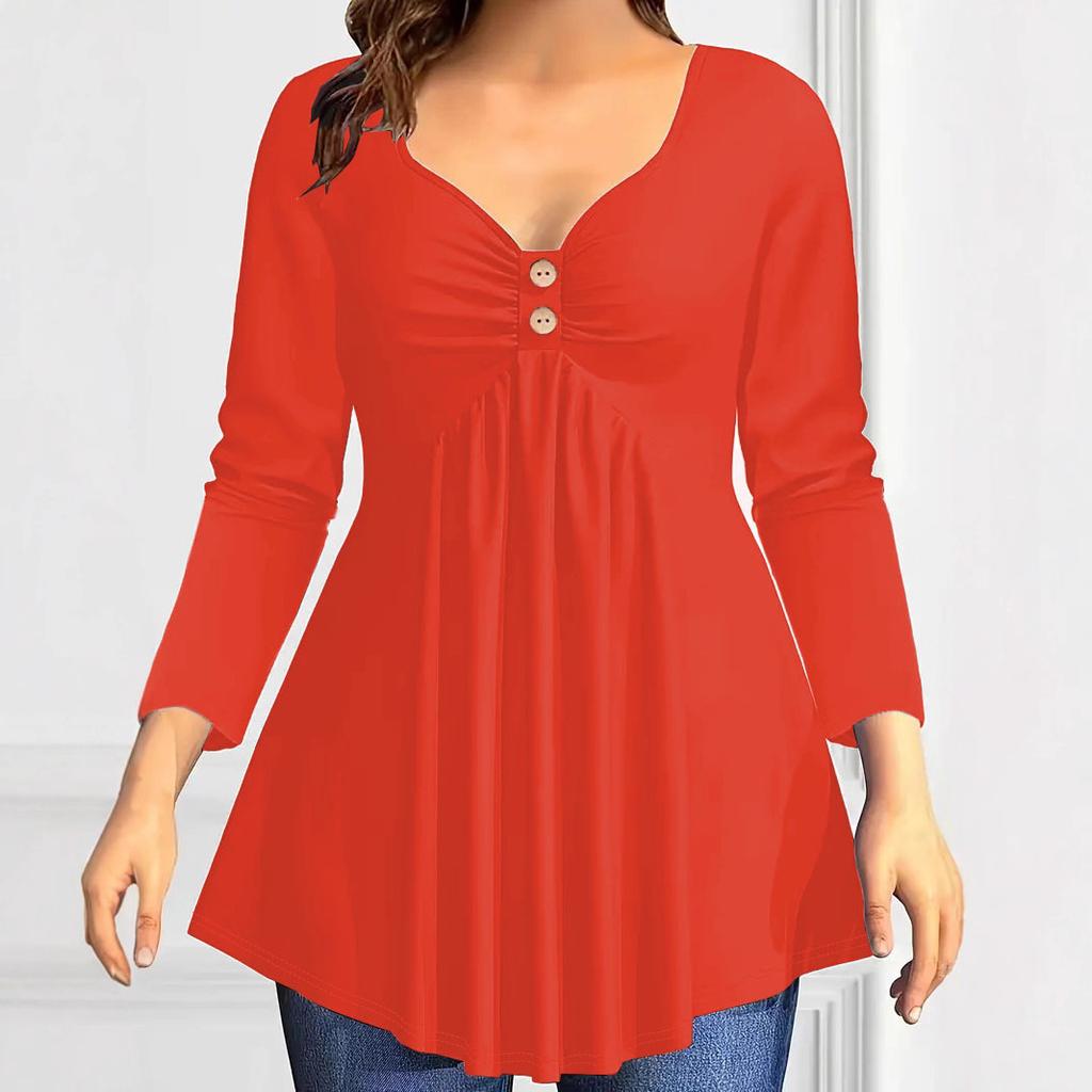 Women's V Neck Long Sleeve Tunic Top Loose Fit Plus Size Solid Ruched Button Detail Flared Hem Casual Blouse