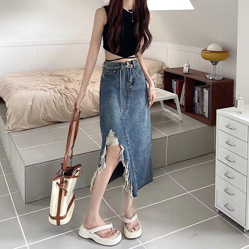Large Size Irregular Retro Open Fork Denim Half-body Skirt Woman Summer Thin Medium-length Package Hip A Word Skirt