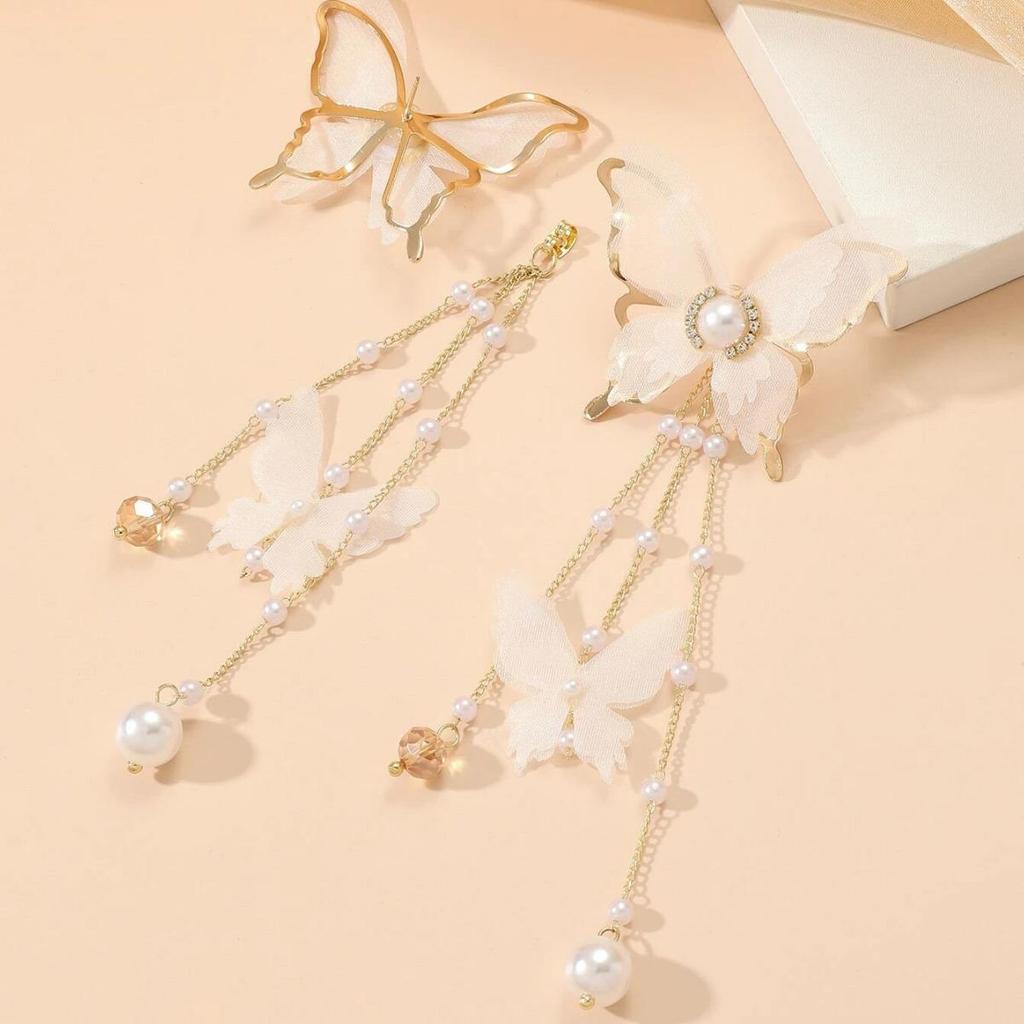 Korean Butterfly Tassel Earrings with Lace, Rhinestones, and Pearls