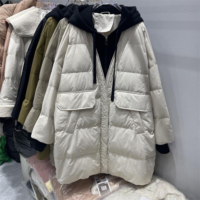 Plus Size Korean Style Loose Winter Slimming Mid-Length Down Jacket with Faux Two-Piece Hoodie