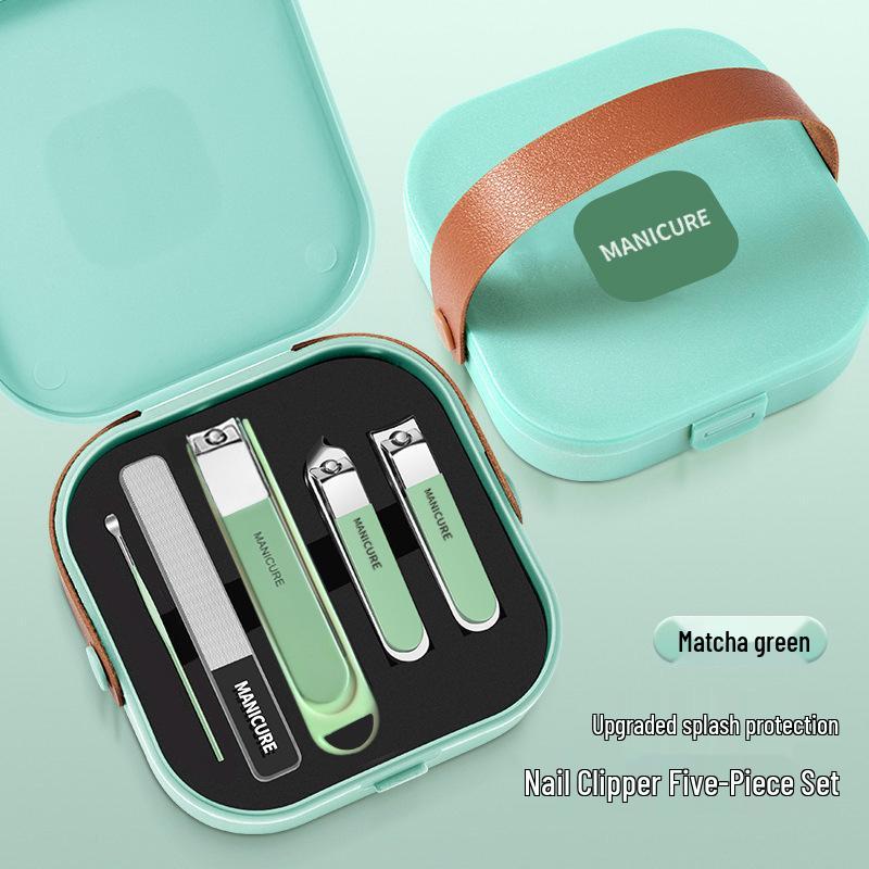 Matcha Green Nail Care Set: Anti-Splash Clippers, High-Grade Nail Tweezers, Eyebrow Tweezers, and Nose Hair Trimmer.