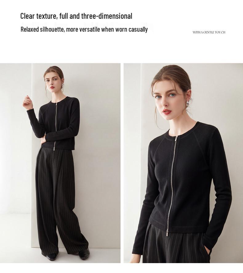 Yangzi Yarn Pure Wool Slim Fit Zipper Round Neck Women's Cardigan - Summer Thin Style
