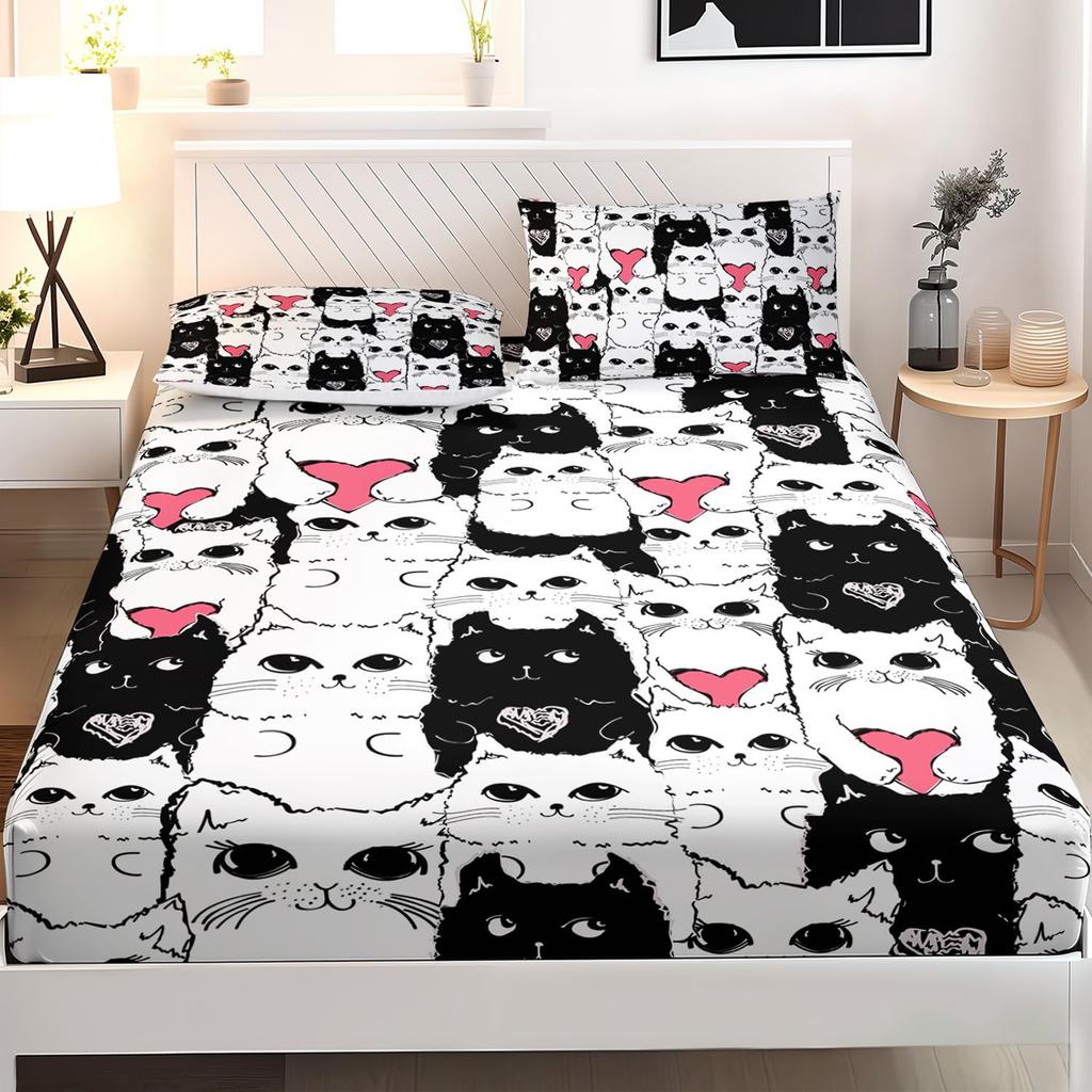 Cute Cat Pattern Mattress Three-Piece Digital Printing Mattress Bedding Set Adult Children