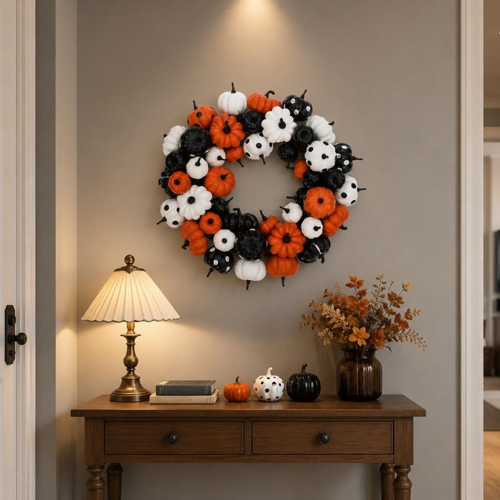Halloween Pumpkin Wreath Artificial Mini Pumpkins Decorative Wreath for Seasonal Home Wall Door Decoration Indoor Outdoor Use