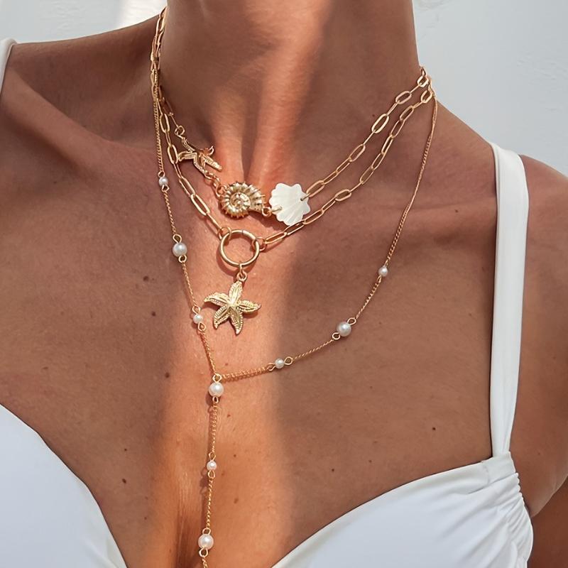 Personalized Trendy Chain Starfish Flower Multi-layer Necklace, Women's Vacation Style Holiday Party Accessories Gift