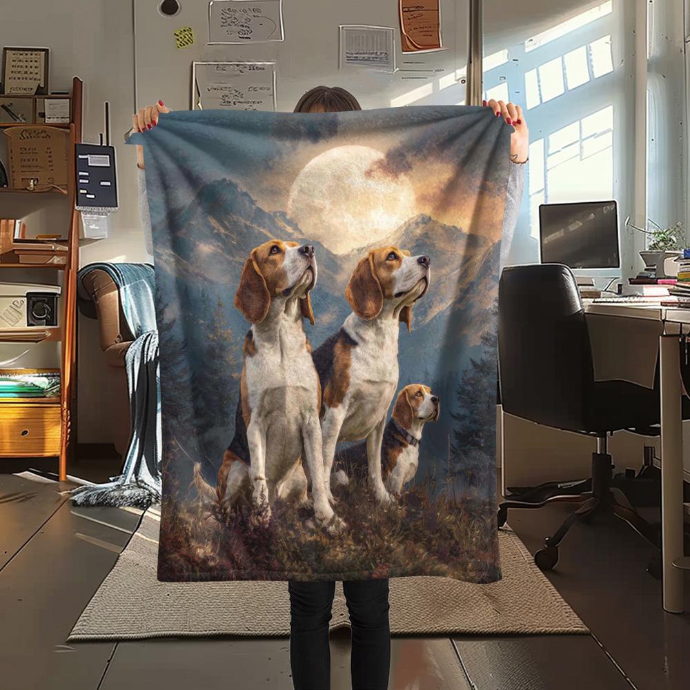 1PC Moonlit Canine Pack Print Flannel Blanket, High quality Comfortable for All Seasons, Home Decor, Warmth and Comfort