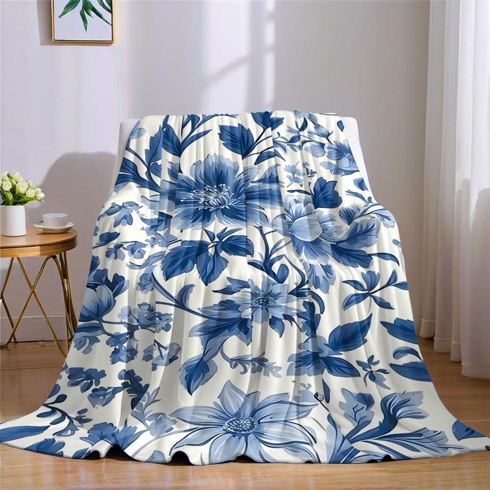 Blue Floral Porcelain - Style Flannel Blanket Warm Soft Halloween Christmas Couch Warm Cozy Decorative Decor Gift for All Season