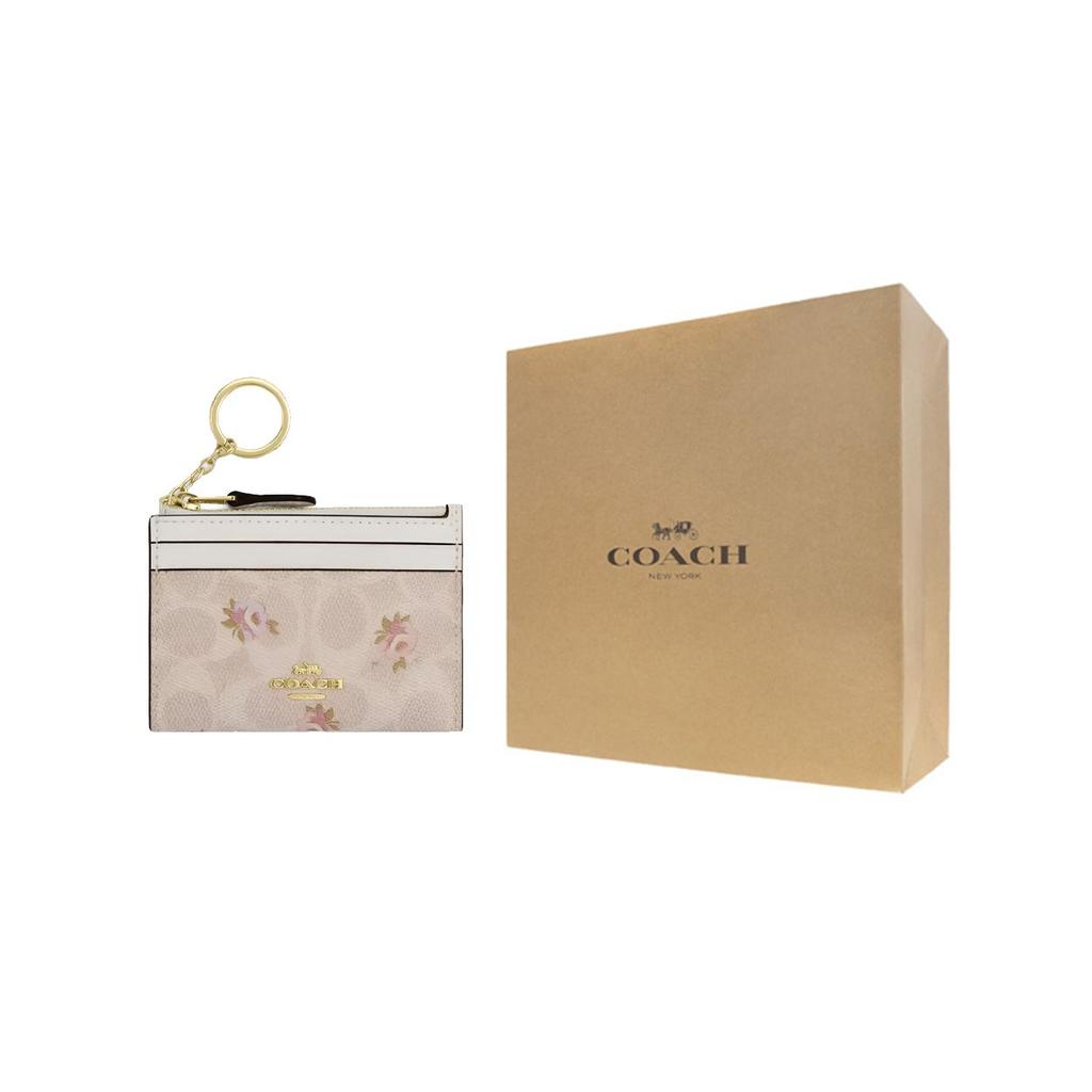 Coach Skinny Id Case 11 Brand Logo Floral Print Coated Canvas Card Holder Women Card Holder Gold Sand CAR16-IMSAS