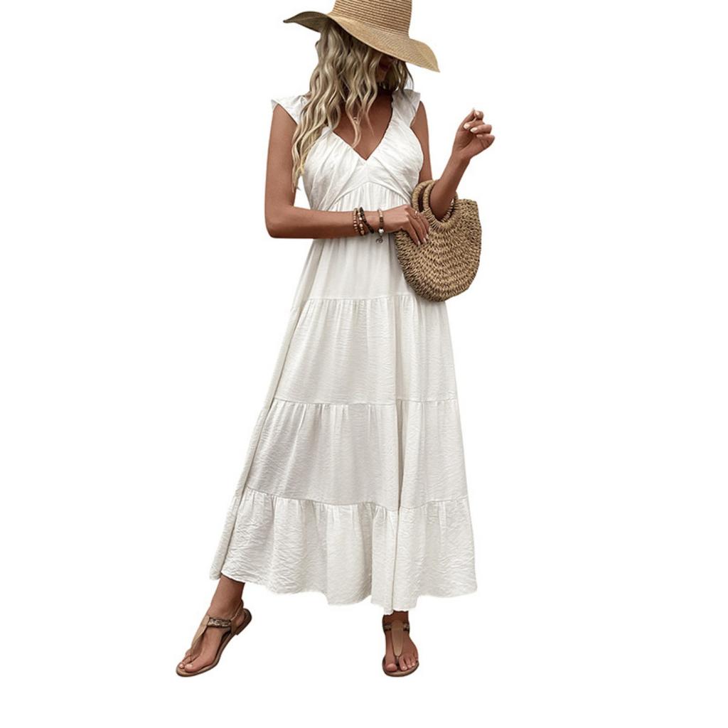 New Arrival Women's White Sleeveless V Neck Minimalist Dress Casual Beach Holiday Vacation Sundress Crossbody Apparel