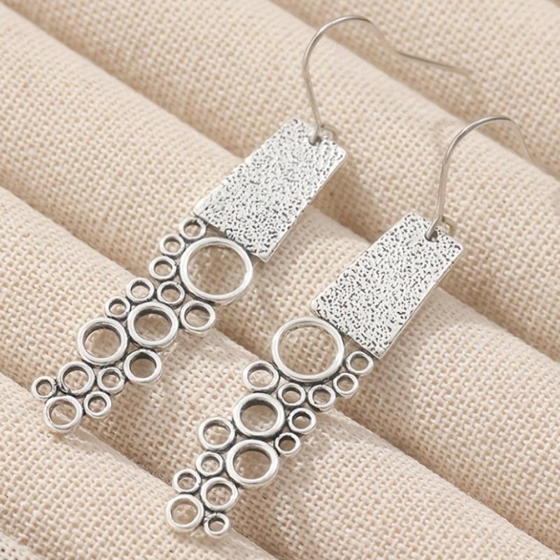 Vintage Silver Color Geometric Hollow Circle Pendant Earrings, Women's Personalized and Creative Holiday Accessory Gifts