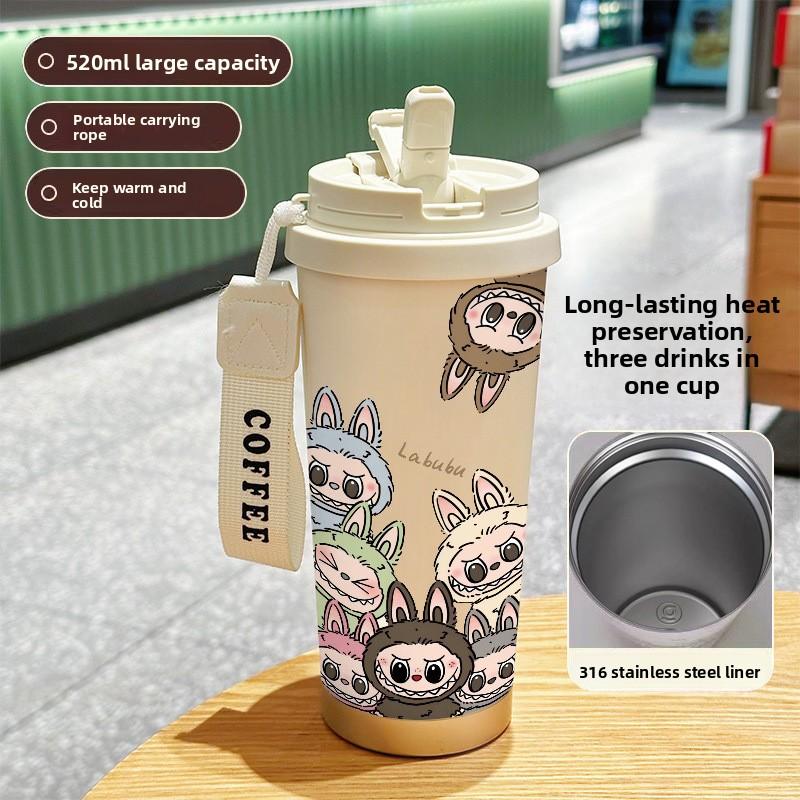 Large-capacity Stainless Steel High-value Double-drink Thermos Cup, Seven Straws, Car Coffee Cup, Cute