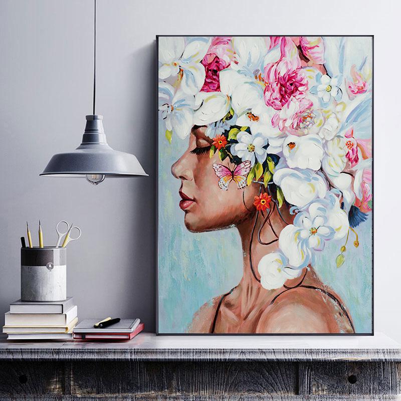 Canvas Painting Abstract Woman with Flower Butterfly Posters and Prints Modern Wall Art for Living Room Decor