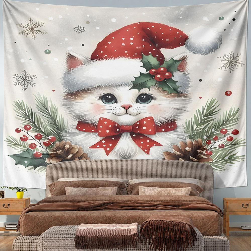 Christmas Cat with Santa Hat and Bow Pattern Wall Hanging Tapestry Decorative Tapestry Home Decor for Bedroom and Living Room