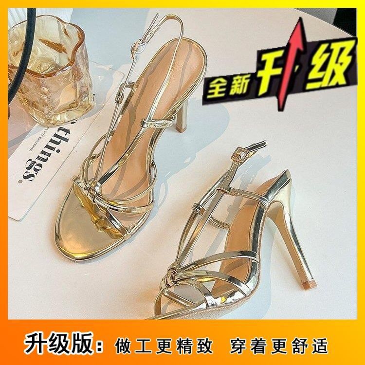 Gold High Heels Women's Spring and Summer 2025 New Stiletto Versatile One-word Strap Hollow Open-toe Fashion French Sandals