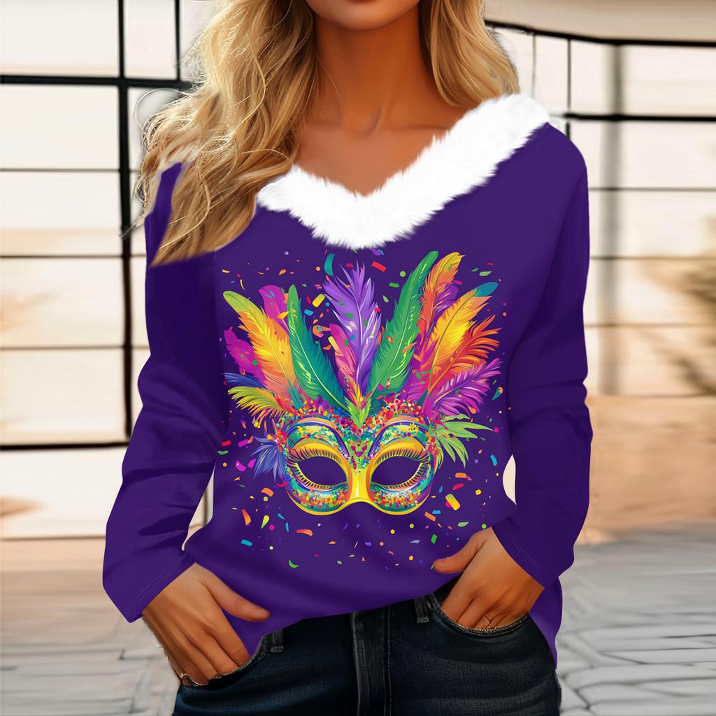 Dámský volný ležérní top s dlouhým rukávem a potiskem, plyšový límec ve tvaru V, top s dlouhým rukávem