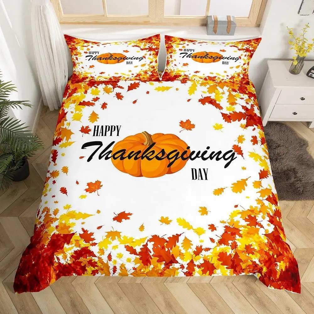 Autumn Maple Bedding Set Pumpkin Fall Comforter Cover Happy Thanksgiving Duvet Cover Farmhouse Room Decor Durable Quilt Cover