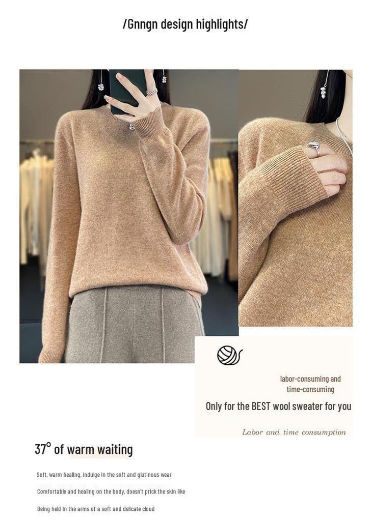 Women's 100% Pure Wool Versatile Round Neck Loose Sweater - Solid Color Knitwear