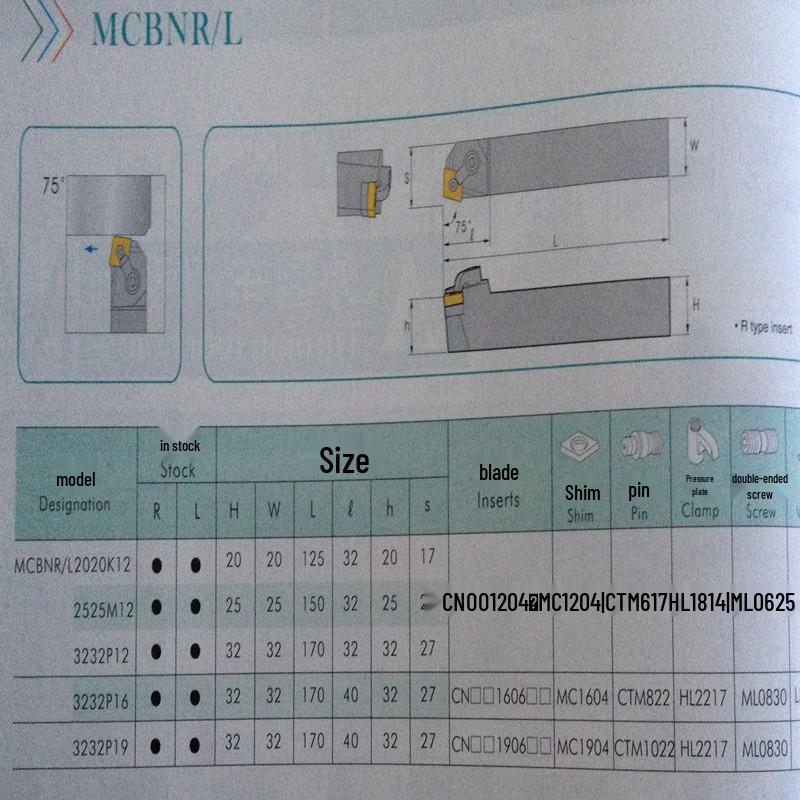 75° Turning Tool Holder MCBNR2020K12 for CNMG1204 Inserts, Composite Clamping