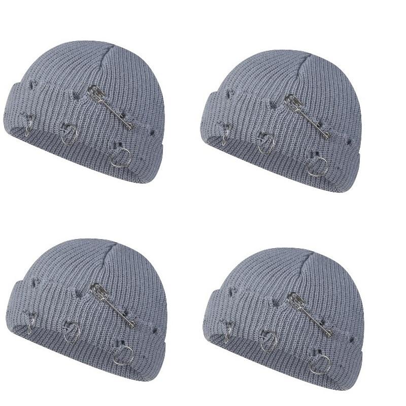 Women Girls Y2k Gothic Beanie Winter Knit Hats Trendy Metal Rings Pin Hip Hop Streetwear Harajuku Skull Cap Emo Scene Grunge