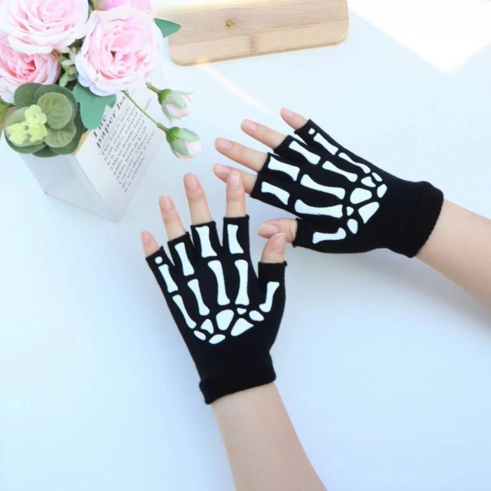 Stretch Punk Skeleton Gloves Black Skull Half Finger Gloves  Halloween Party