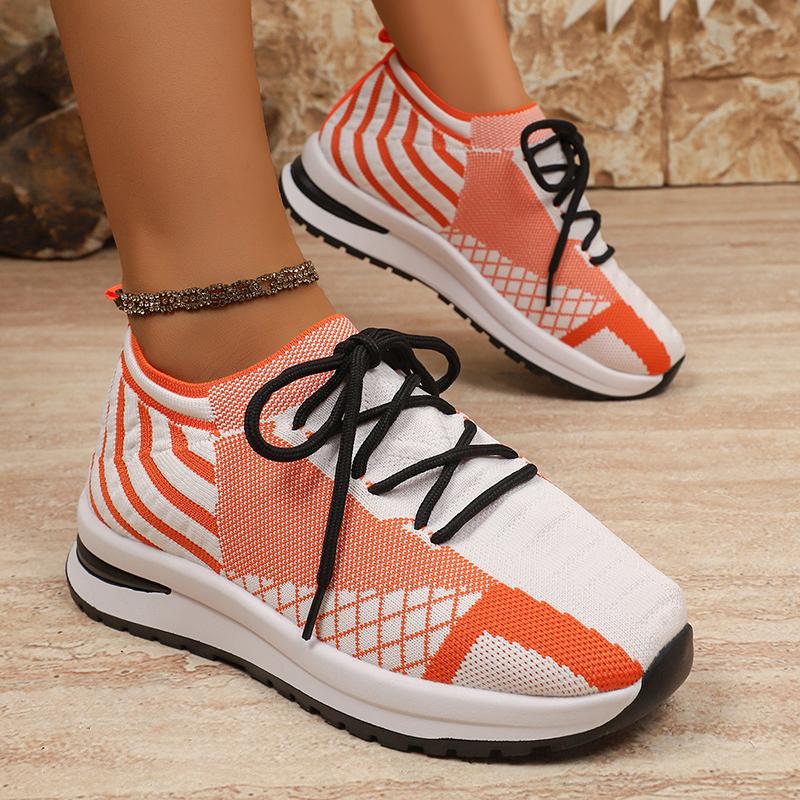 Fashion Orange White Striped Knitted Sneakers Women Plus Size Breathable Mesh Running Shoes Woman Non Slip Tennis Walking Shoes