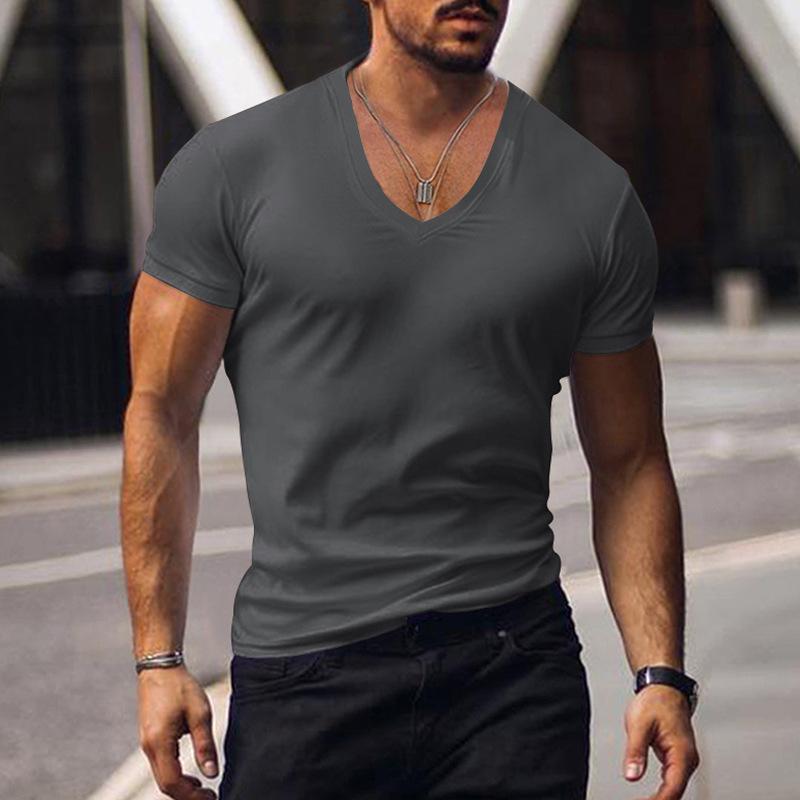 Top Men's V-neck Solid Color Large Size Casual T-shirt Short Sleeve Men's Wear