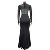 Women's Fashion Solid Color Mesh Slit Long Dress with Hot Drill Detailing.
