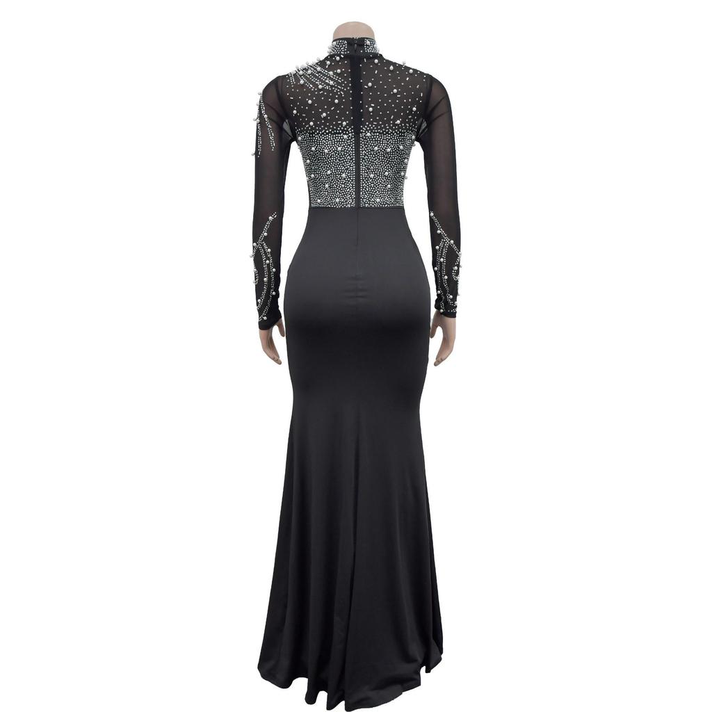 Women's Fashion Solid Color Mesh Slit Long Dress with Hot Drill Detailing.