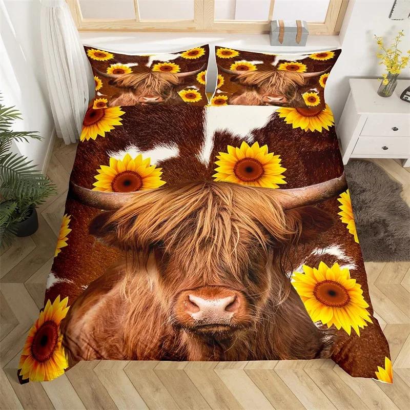 Comforter Sunflower Highland Cow Western Farm Animal Bedding Set Cowhide Comforter Microfiber Twin King Queen Bedclothes