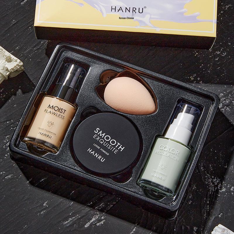 Hanru Women's 4-Piece Foundation Primer & Concealer Set with Loose Powder - Ideal for Beginners