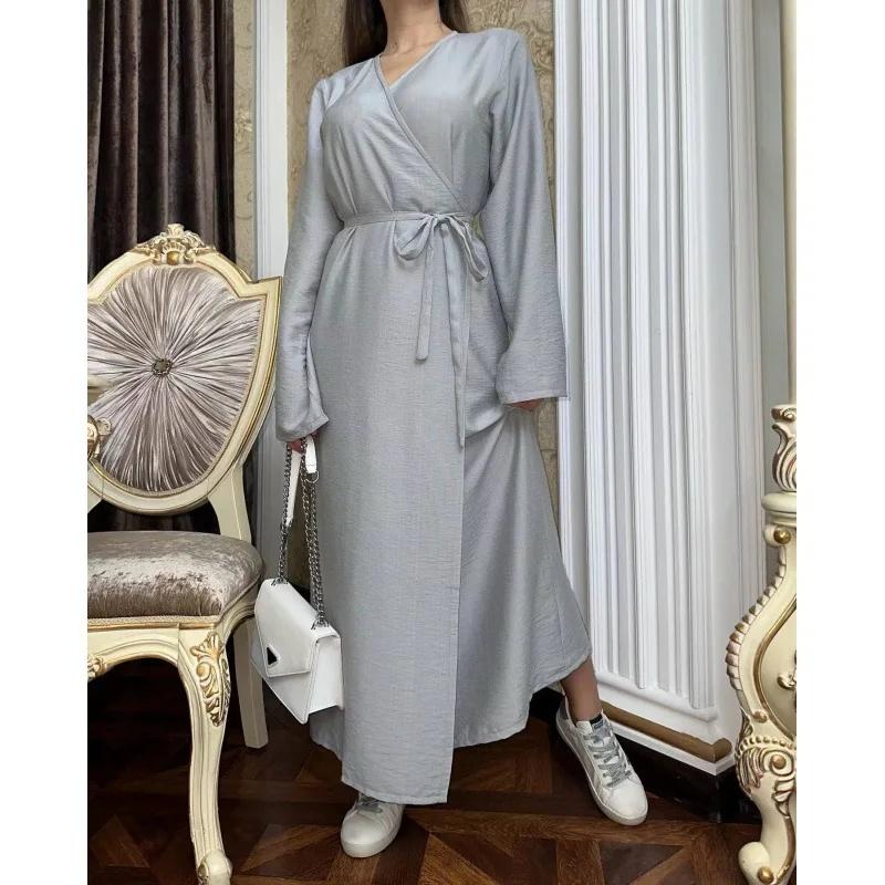LYRIA Fashionable Pure Color Belted Slimming Long Dress New Women's Clothing One Piece Dress Stylish Wraparound