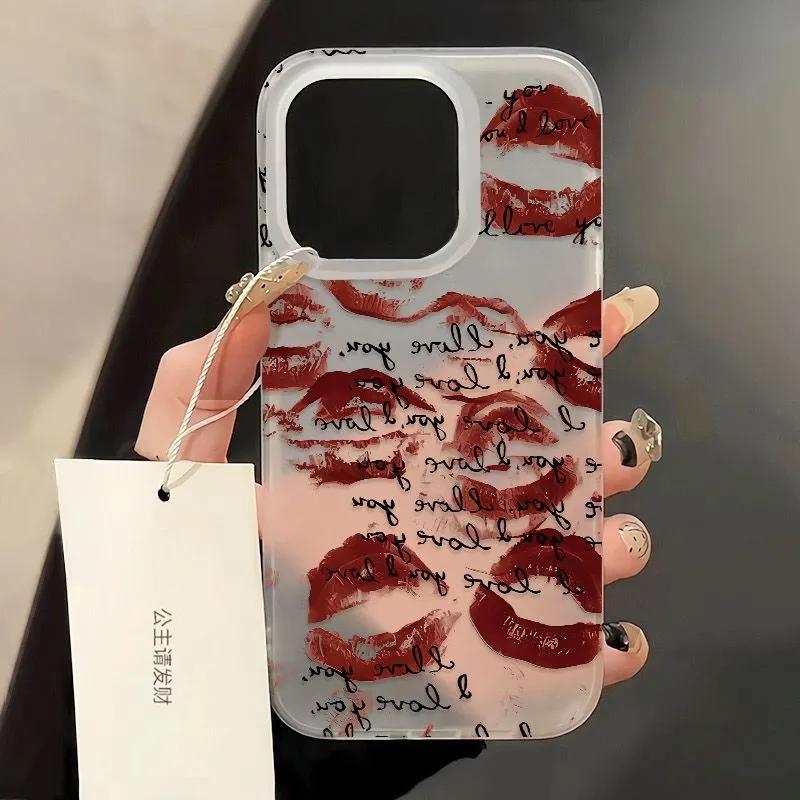 Simple Texts Full Screen Red Lip Print Phone Case For iPhone 17 AIR 16E 15 14 13 12 11 PRO MAX XSMAX XR 7 8 PLUS Y2K Matte Cover