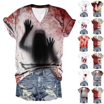 T-shirts d'été imprimés de sang d'horreur d'Halloween pour femmes, hauts décontractés, chemisiers à manches courtes et col en V, chemises et chemisiers