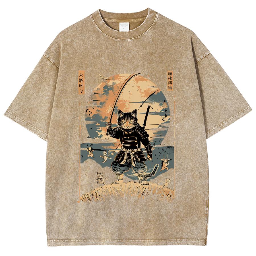 Japanese Cartoon Cat Samurai Print T-Shirt Unisex Retro Oversized Loose Short Sleeves Comfortable Cool Fashion Tee