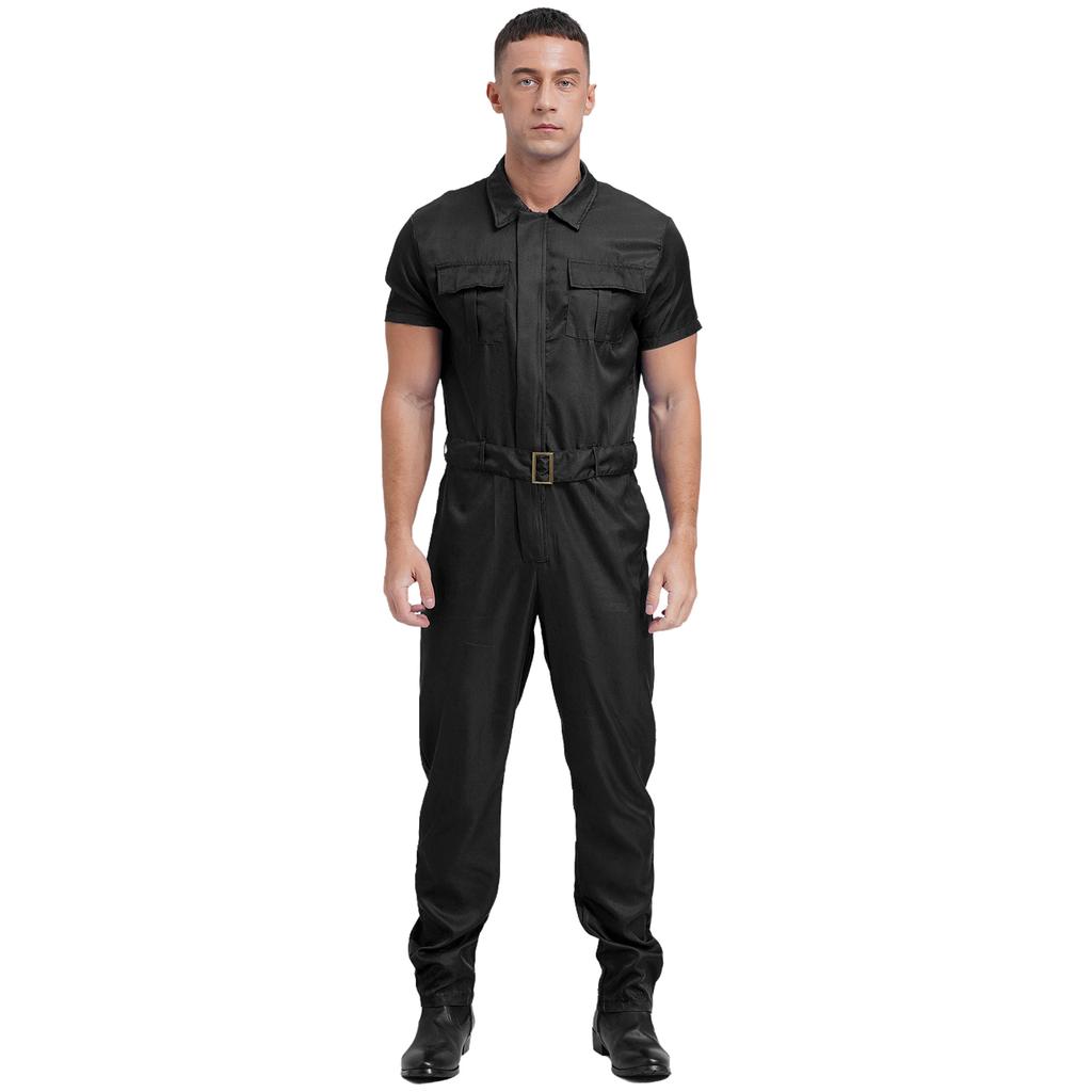 Mens Durable Coveralls Short Sleeve Zipper Front Multi-Pocket Workwear Overalls