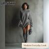 JPNTKY Fashion Autumn Winter Solid Color Print Long Sleeve Casual Dresses