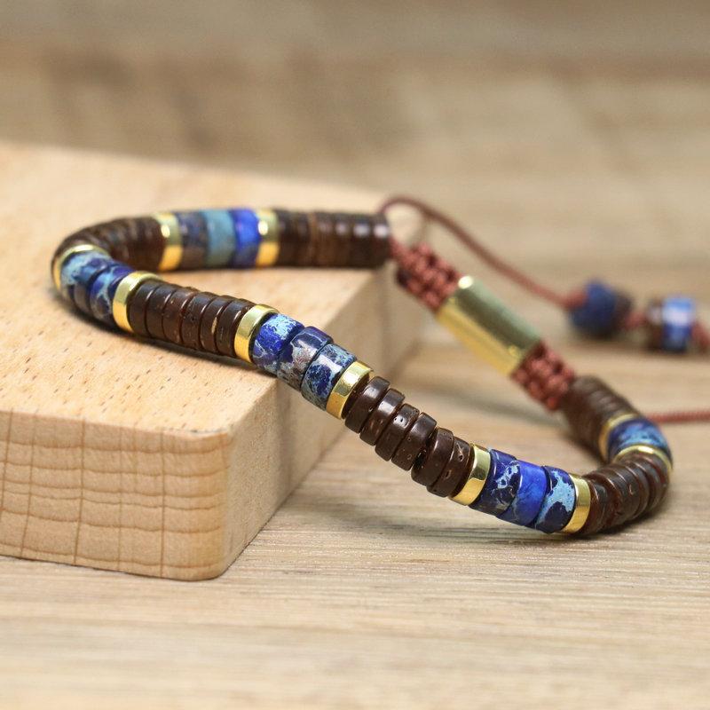 Turquoise Coconut Shell Beaded Bracelet – Gold Accent Adjustable Boho Jewelry, Natural Stone Healing Gift for Men & Women