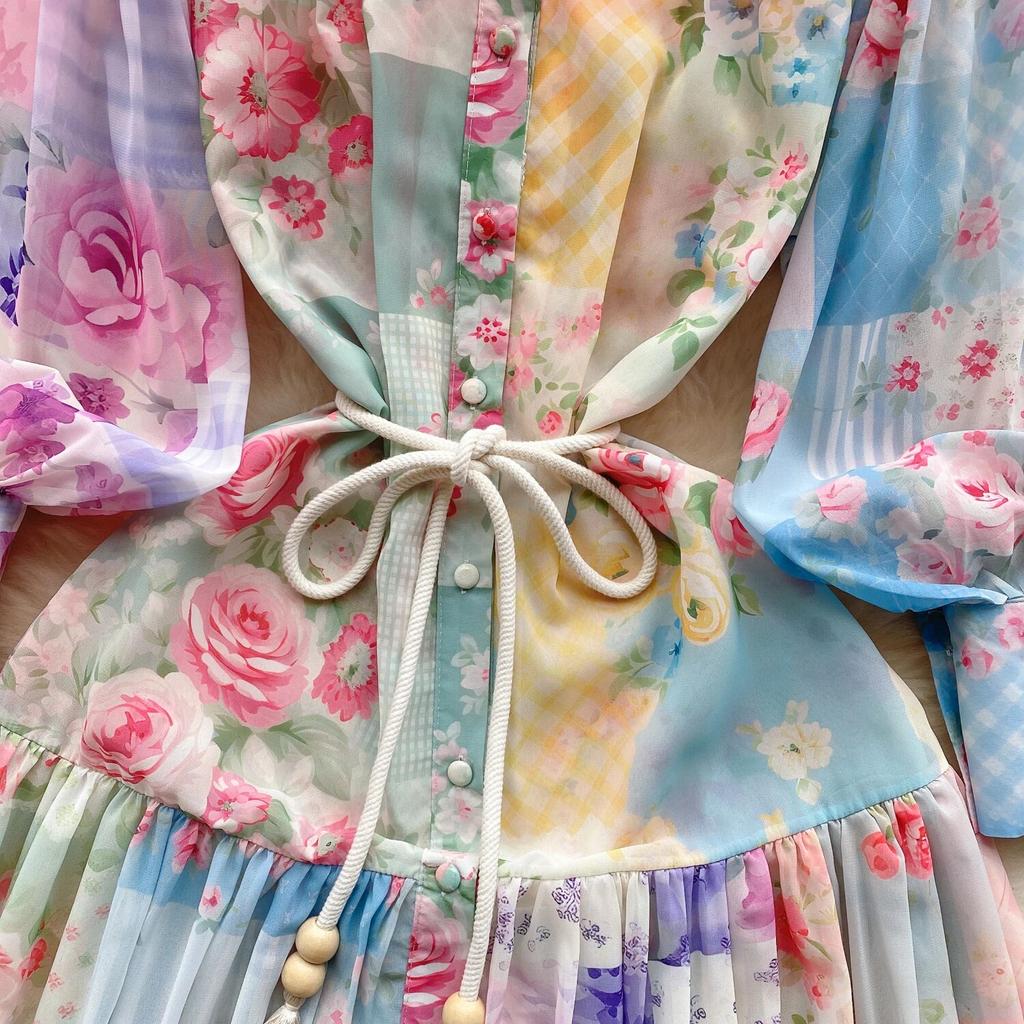 2024 Spring New French sle Puff sleeve Breasted Waist Hugging Slimming Temperament Long Print Formal Dress Chiffon Dress