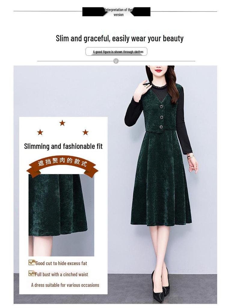 2026 Fall/Winter Elegant Versatile Long-Sleeve Faux Two-Piece Slimming Mid-Length Skirt