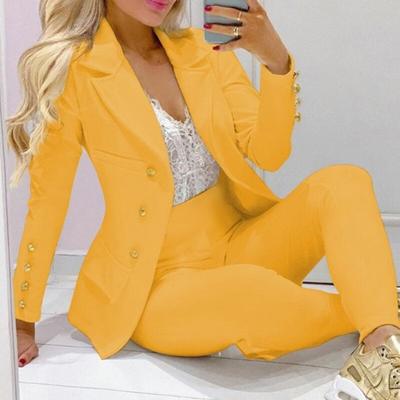 2 Pcs/Set Women Suit Coat Pants Set Lapel Button Decor Mid Length Cardigan Long Sleeve Jacket High Waist Straight Trousers Lady Formal Commute Outfit