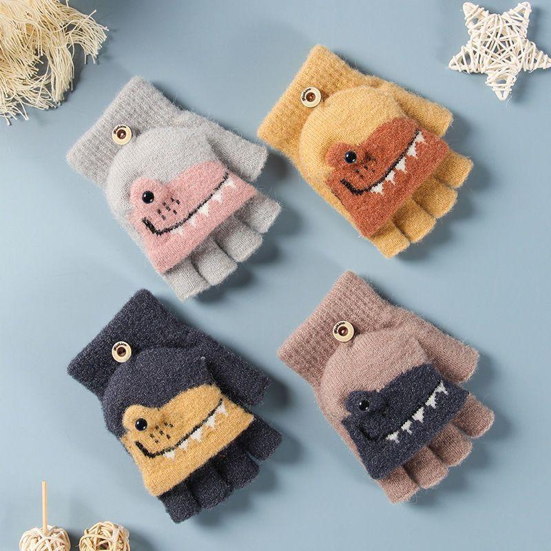 Half Finger Flip Cartoon Kids Gloves Jacquard Color Matching Autumn Winter Warm Gloves for Children Student Writing Baby Gloves